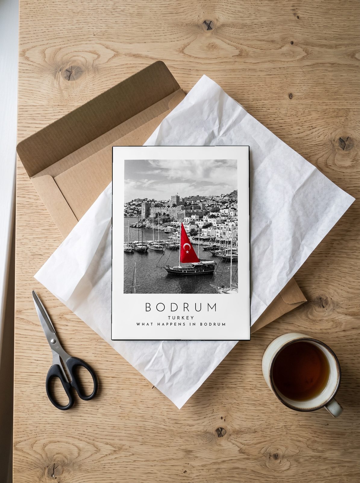 Our Trip Bodrum print: unboxing the unframed A4 print in its mailer