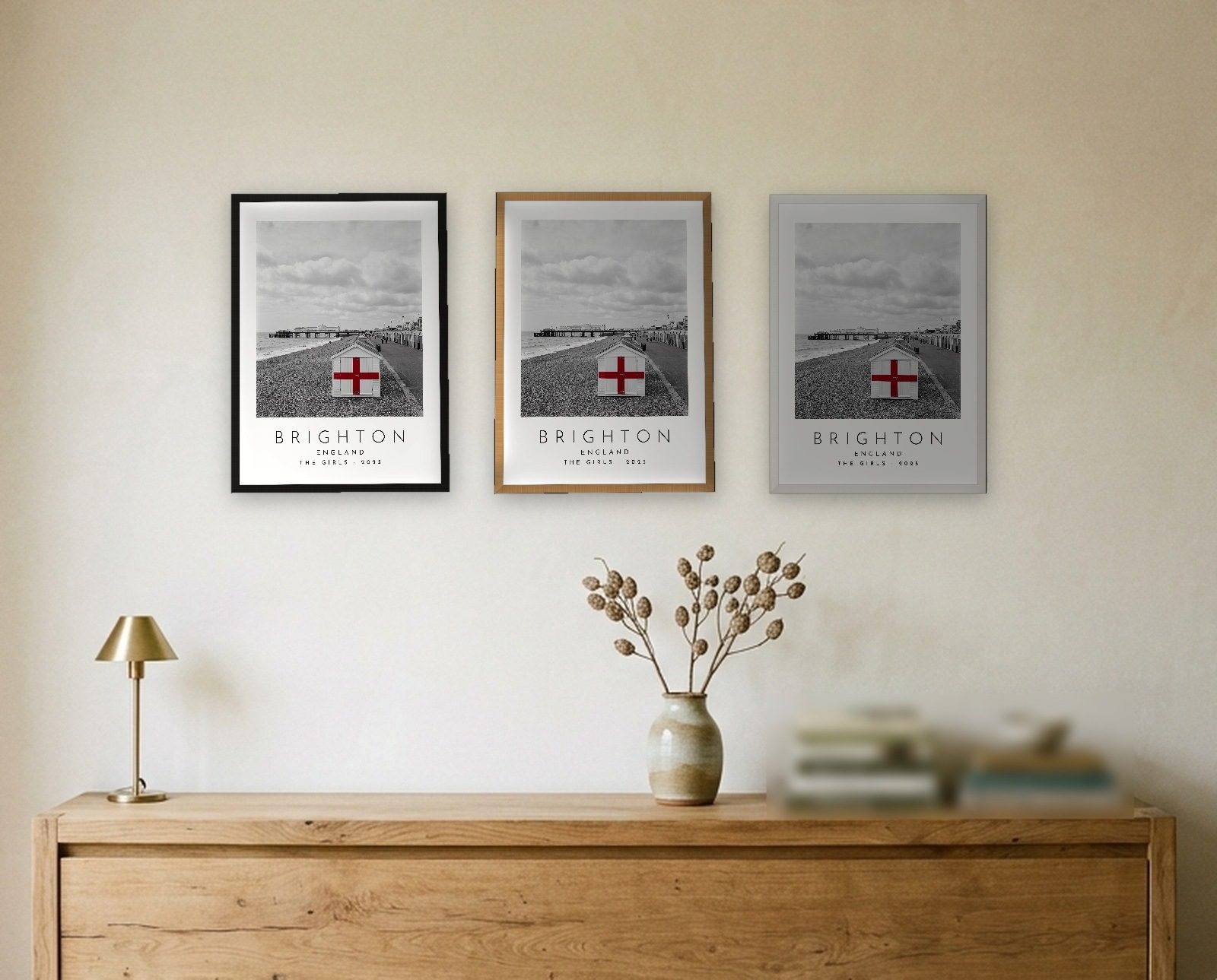 Our Trip Brighton print: the three frame finishes side by side black natural oak white
