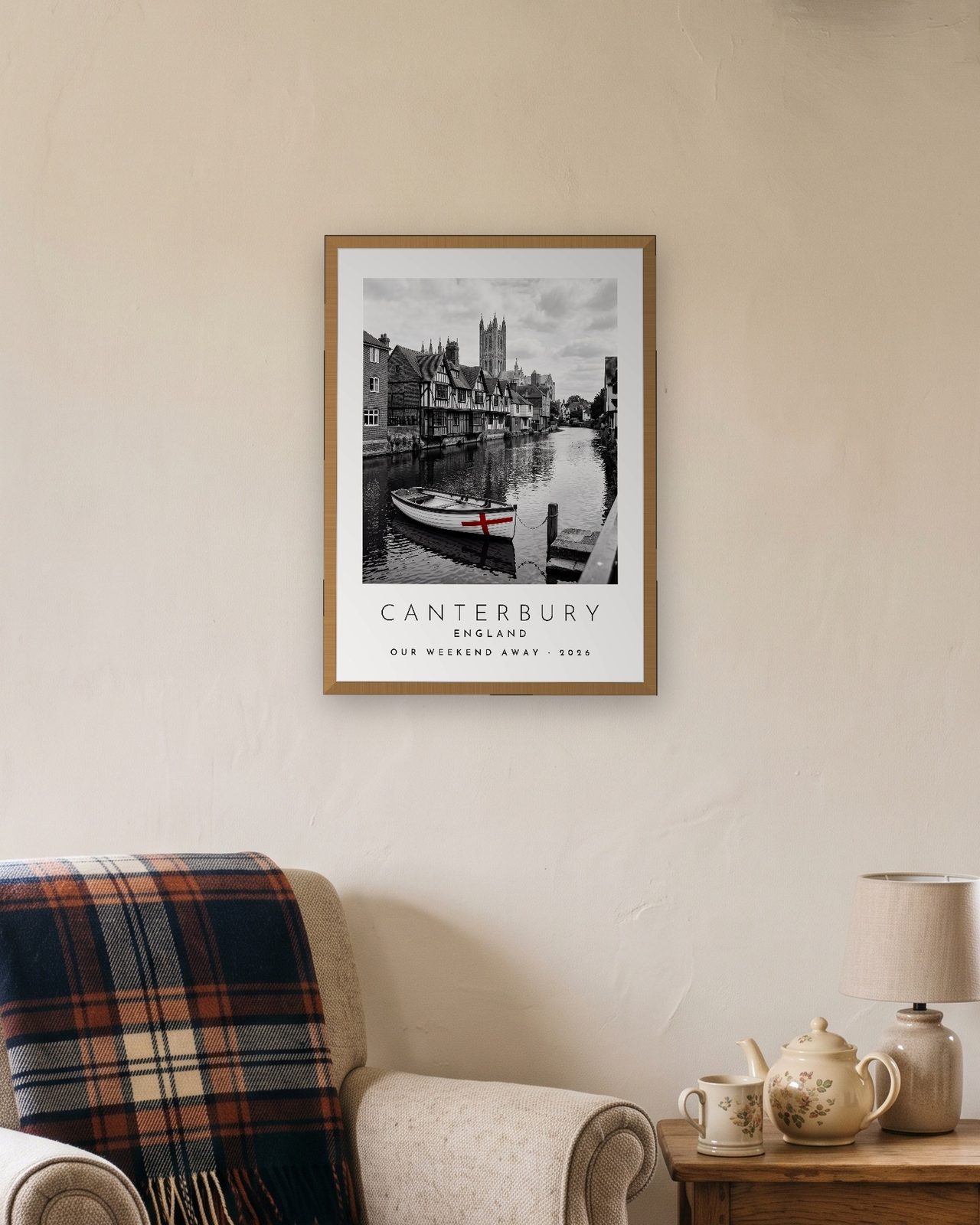Our Trip Canterbury print: natural oak frame A3 in a cottage snug, personalised OUR WEEKEND AWAY · 2026