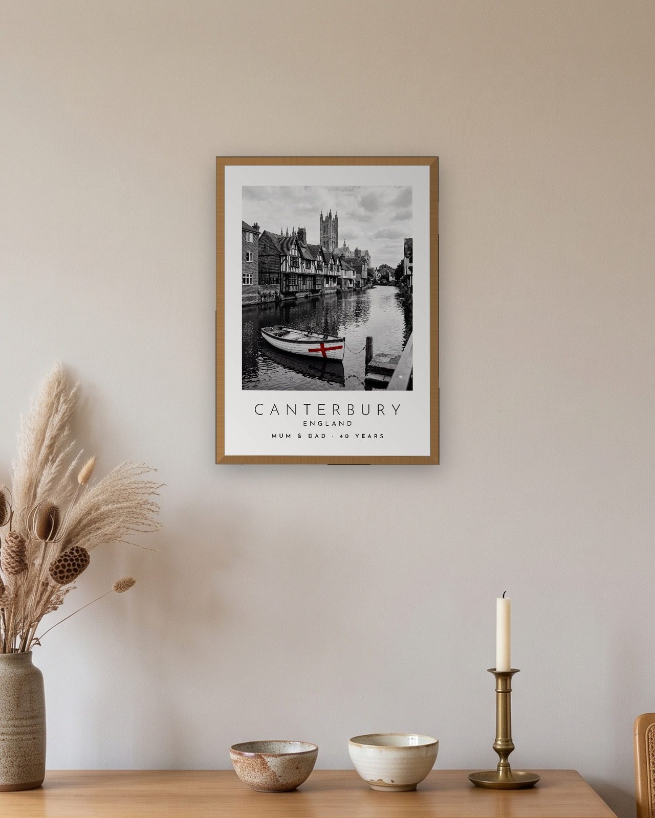 Our Trip Canterbury print: natural oak frame A3 above an oak sideboard, personalised MUM & DAD · 40 YEARS