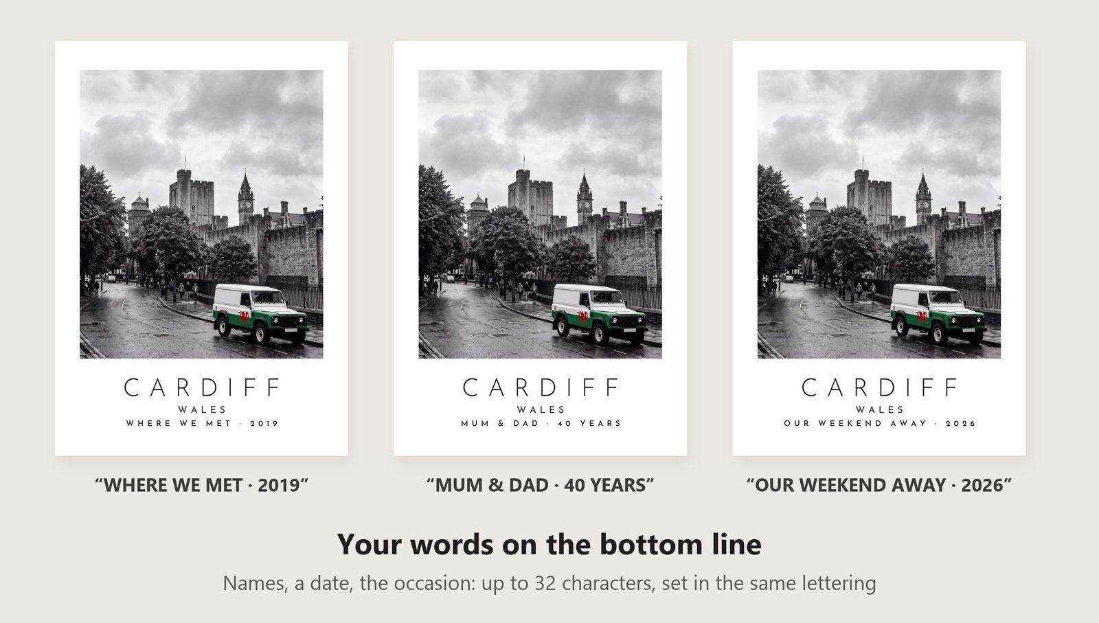 Our Trip Cardiff print: three example lines to personalise it