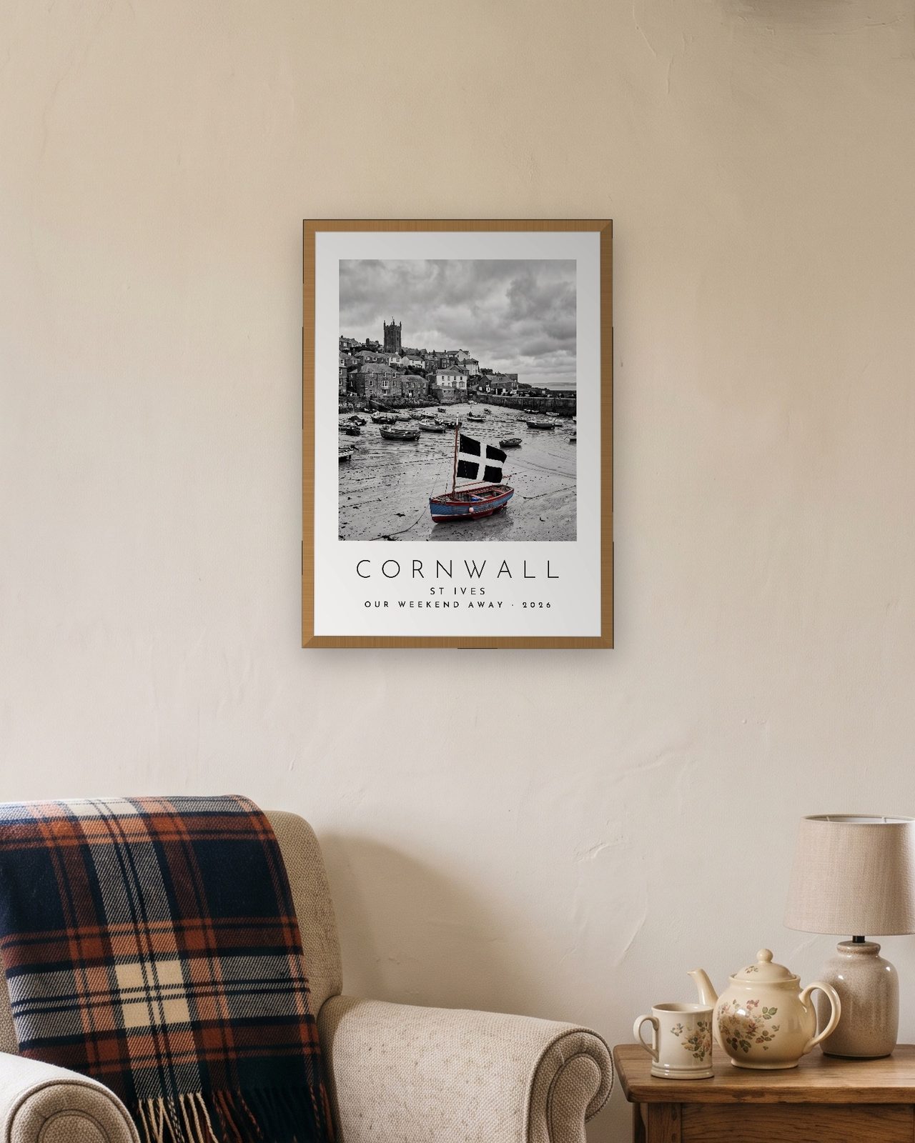 Our Trip Cornwall, St Ives print: natural oak frame A3 in a cottage snug, personalised OUR WEEKEND AWAY · 2026