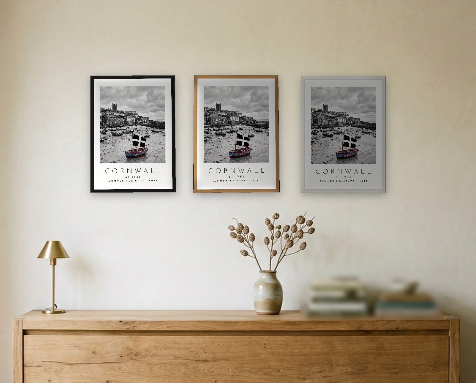 Our Trip Cornwall, St Ives print: the three frame finishes side by side black natural oak white