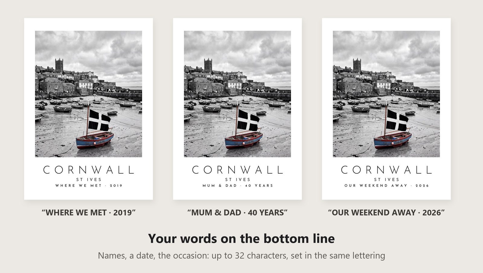 Our Trip Cornwall, St Ives print: three example lines to personalise it