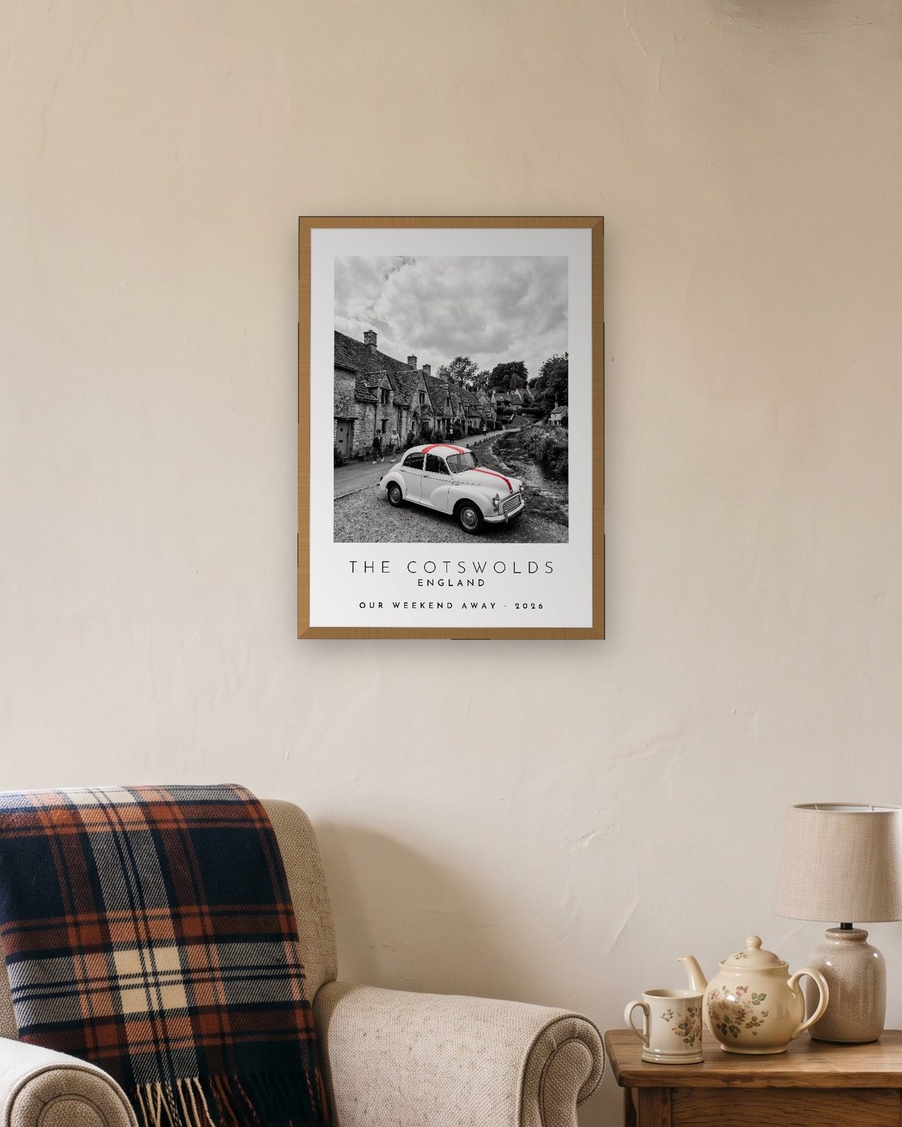 Our Trip The Cotswolds print: natural oak frame A3 in a cottage snug, personalised OUR WEEKEND AWAY · 2026