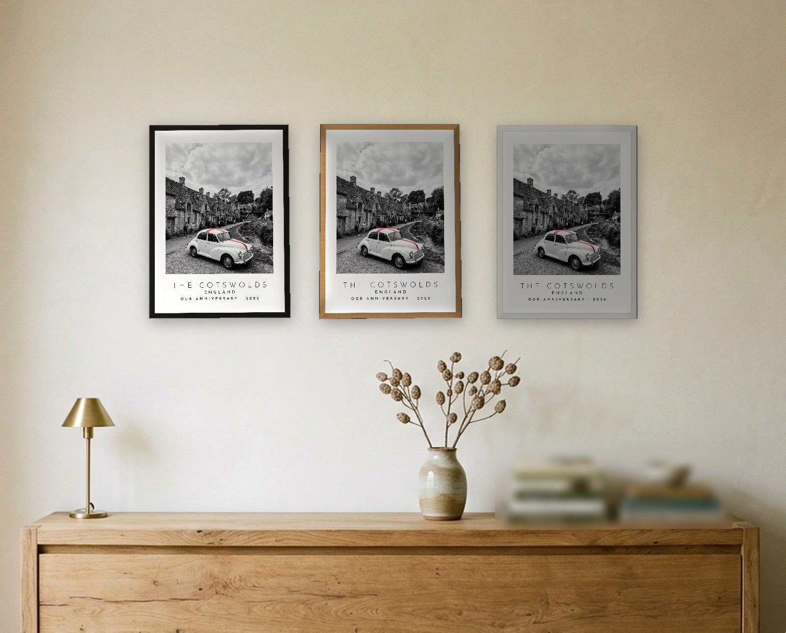Our Trip The Cotswolds print: the three frame finishes side by side black natural oak white