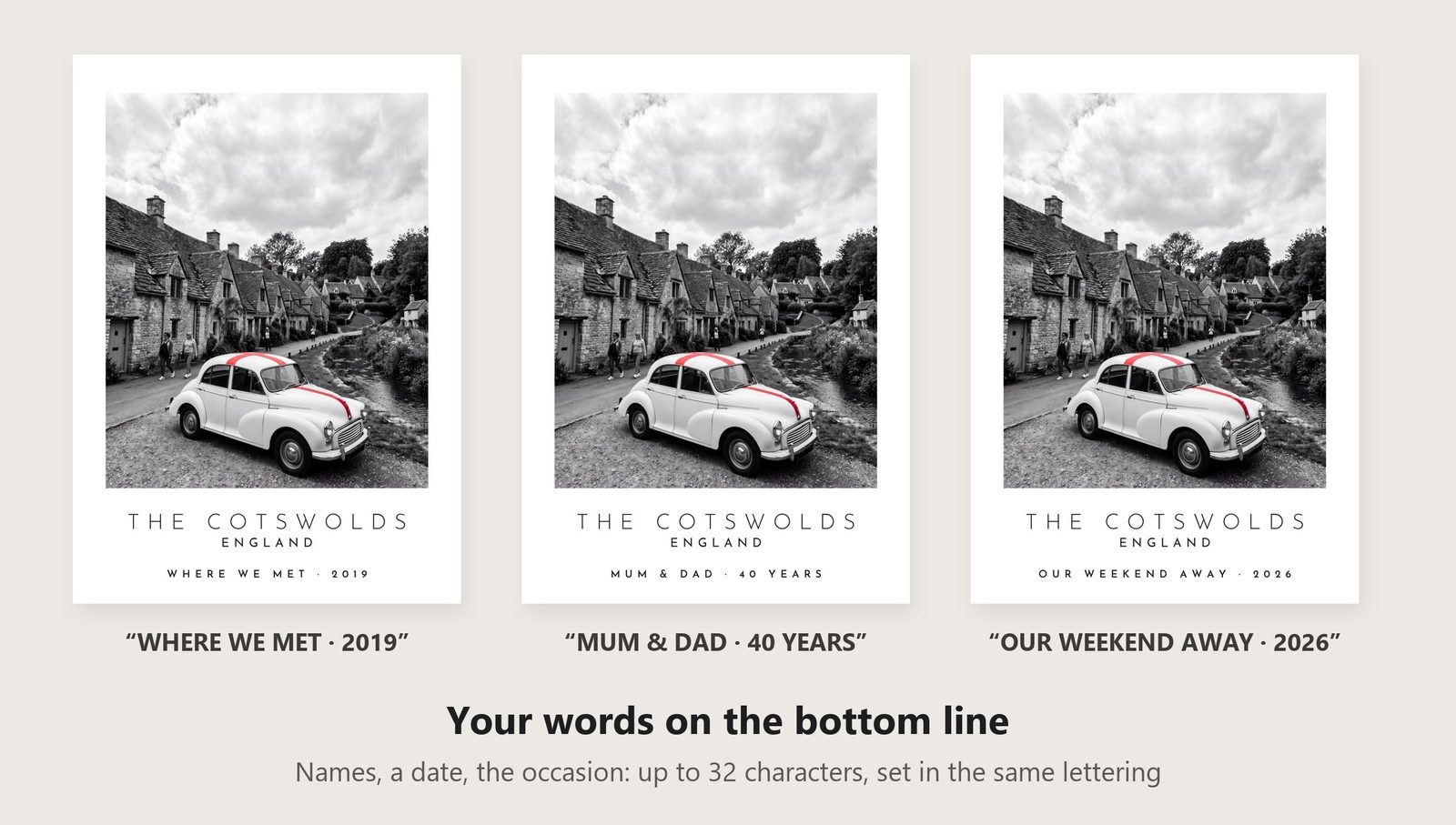 Our Trip The Cotswolds print: three example lines to personalise it