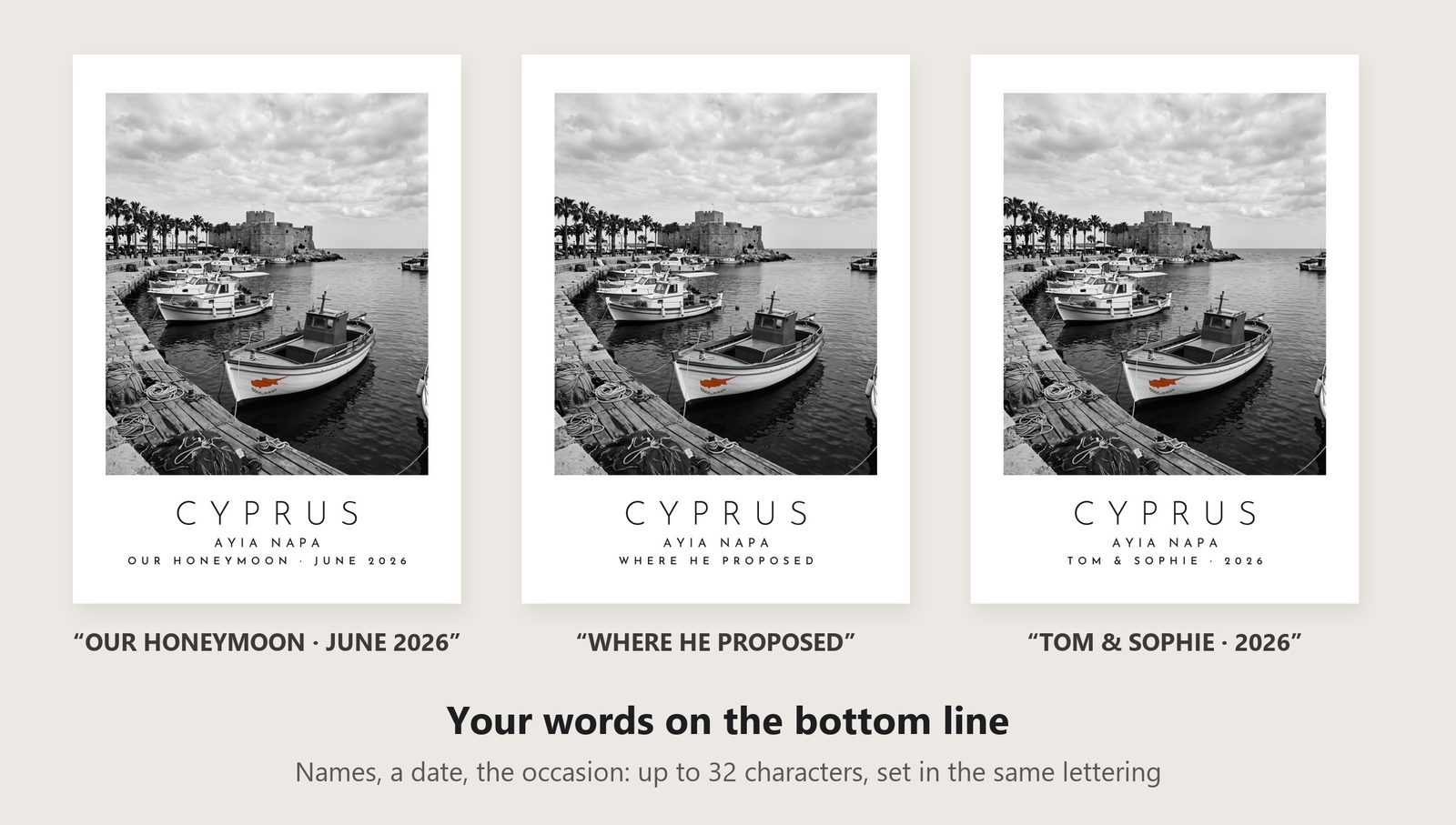 Our Trip Cyprus, Ayia Napa print: three example lines to personalise it