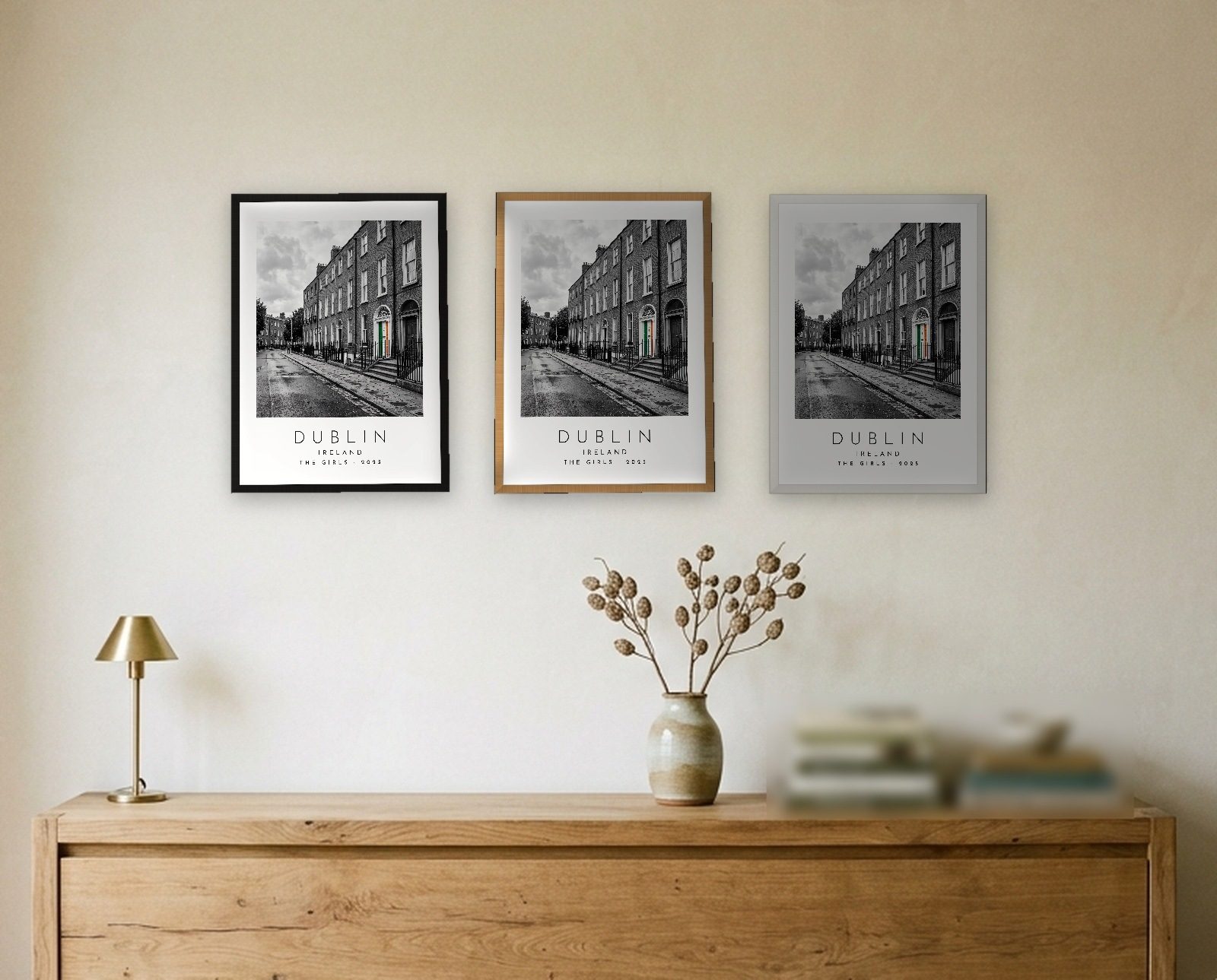 Our Trip Dublin print: the three frame finishes side by side black natural oak white