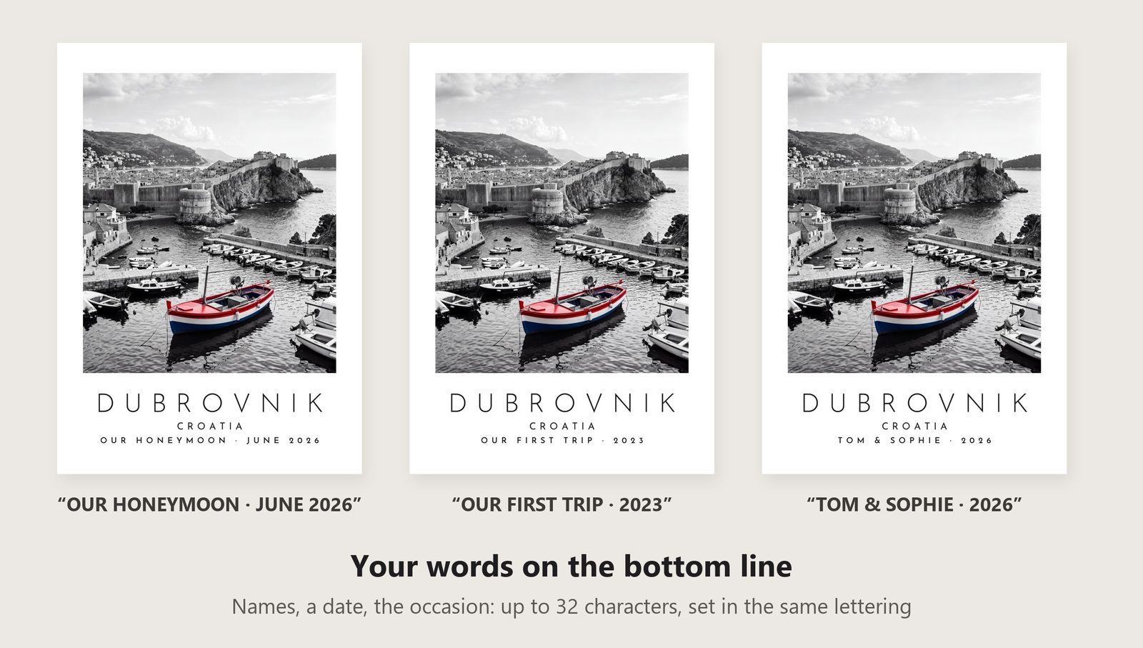 Our Trip Dubrovnik print: three example lines to personalise it