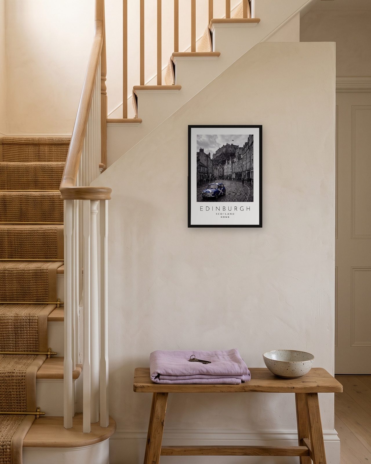 Our Trip Edinburgh print: black frame A3 on a staircase wall, personalised HOME