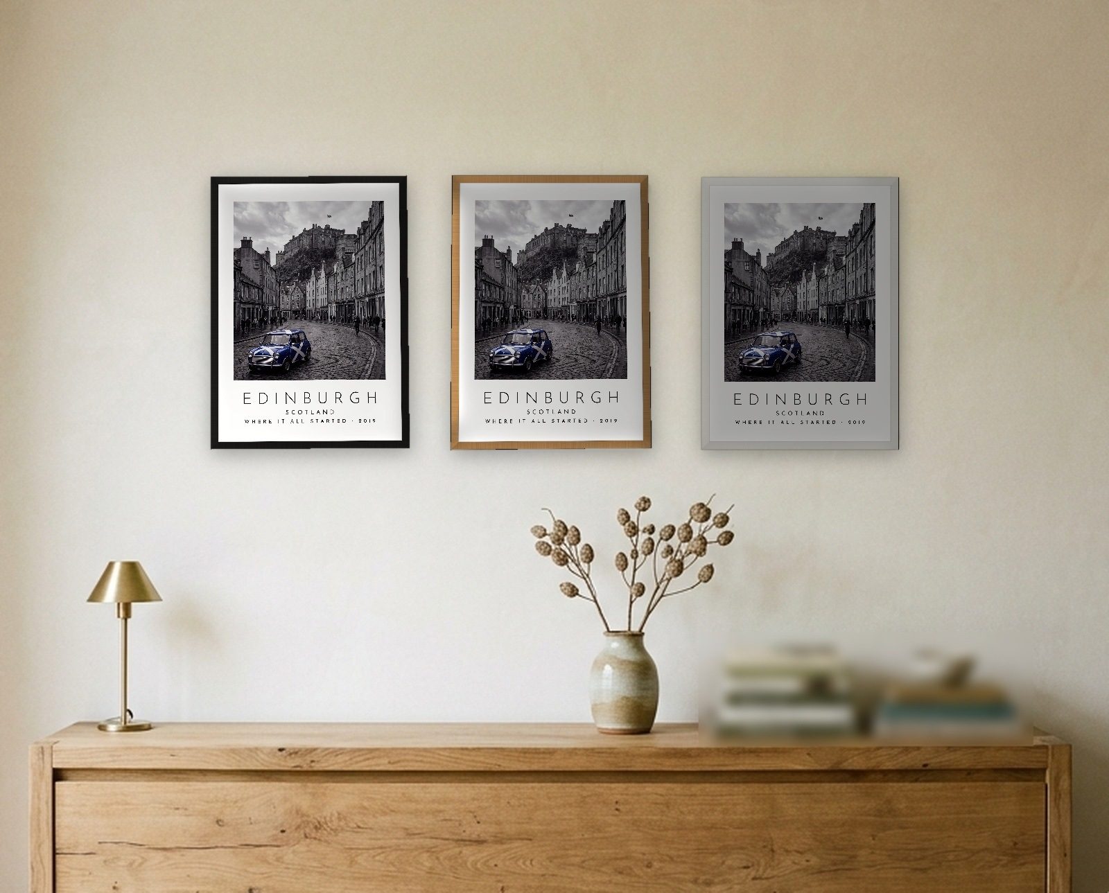 Our Trip Edinburgh print: the three frame finishes side by side black natural oak white
