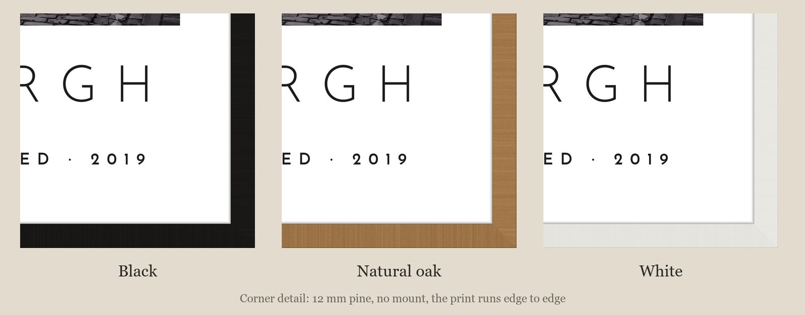 Our Trip Edinburgh print: corner detail of each finish