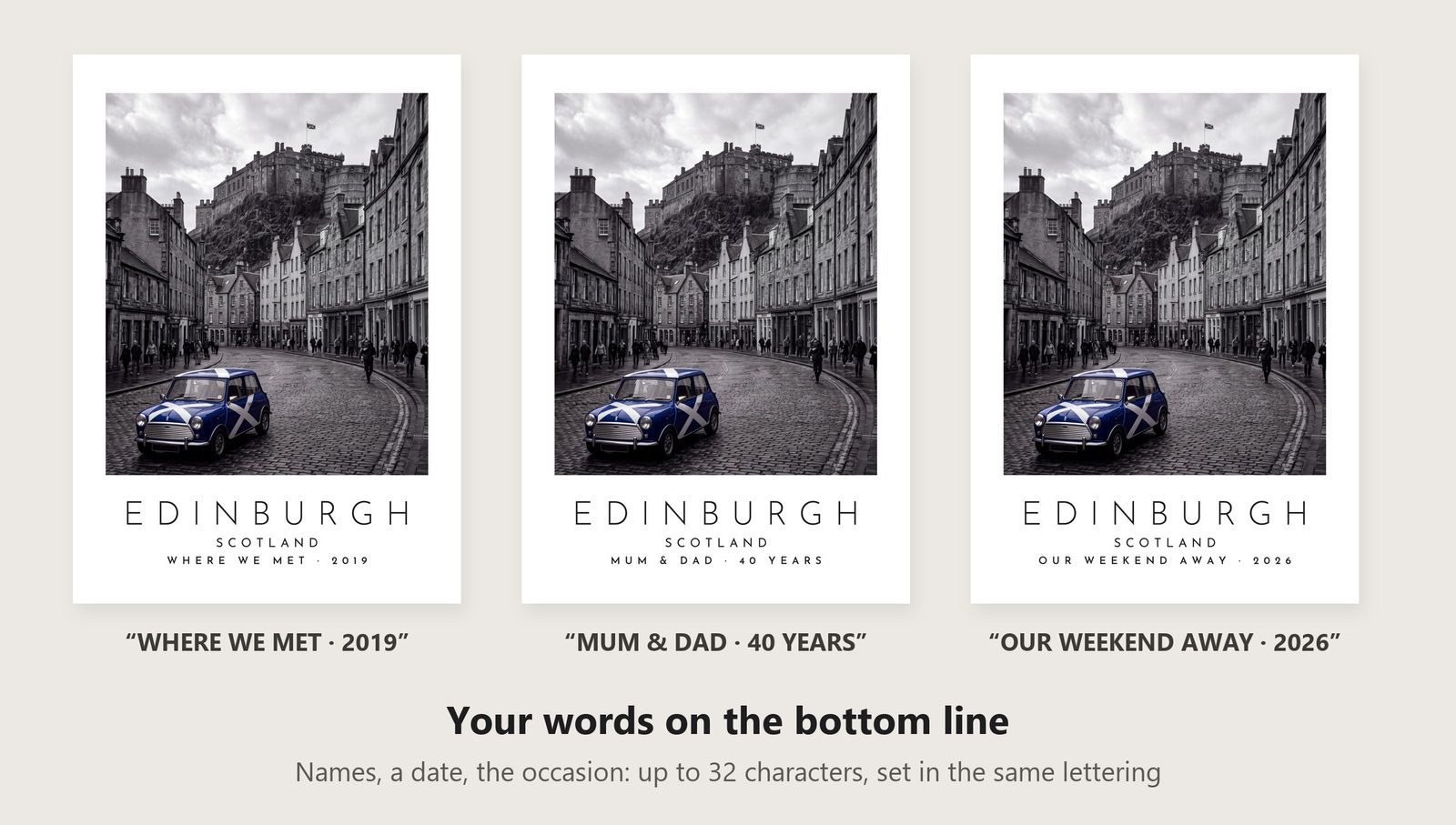 Our Trip Edinburgh print: three example lines to personalise it