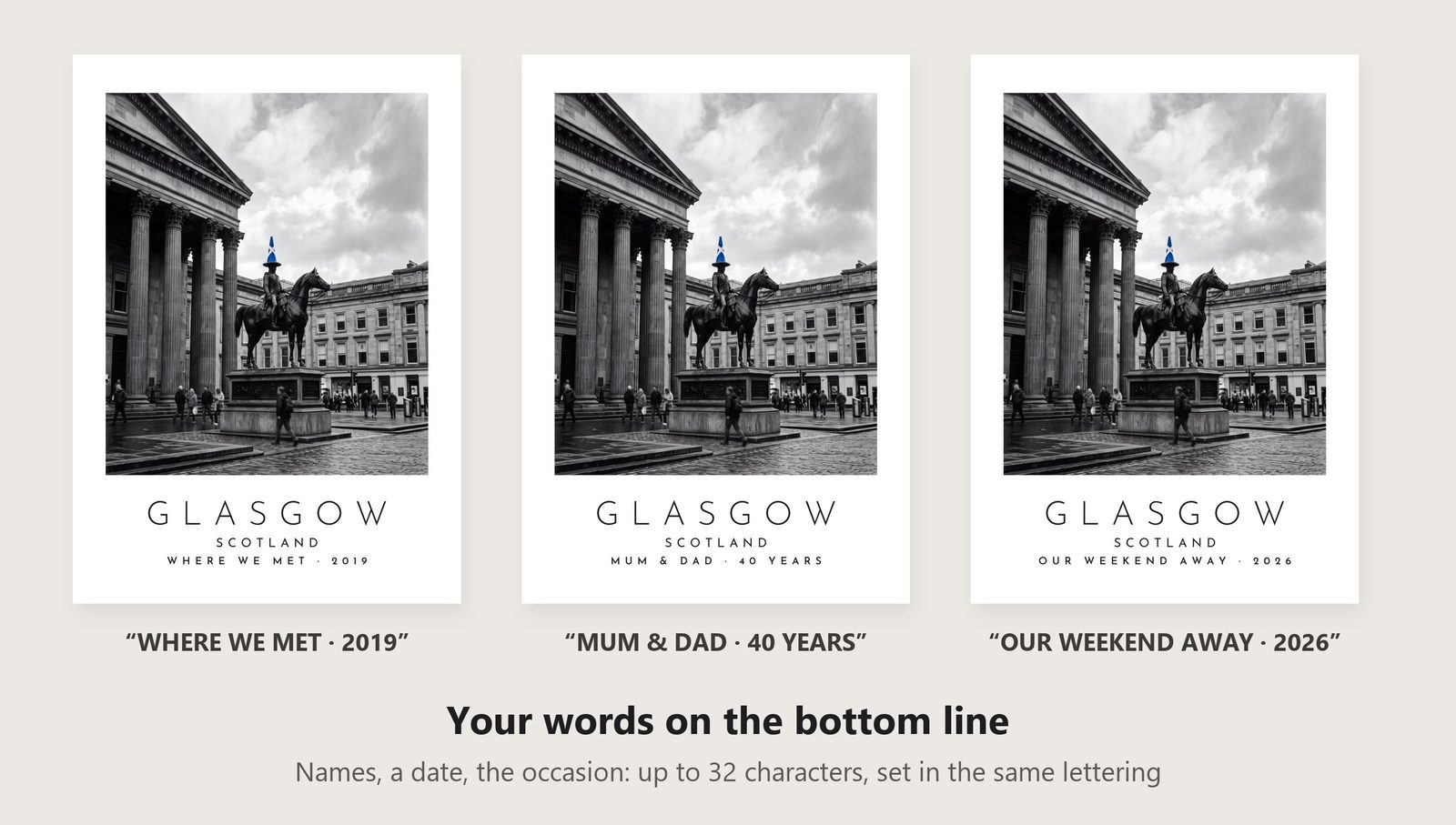 Our Trip Glasgow print: three example lines to personalise it