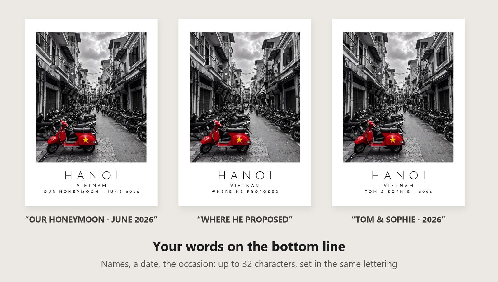 Our Trip Hanoi print: three example lines to personalise it