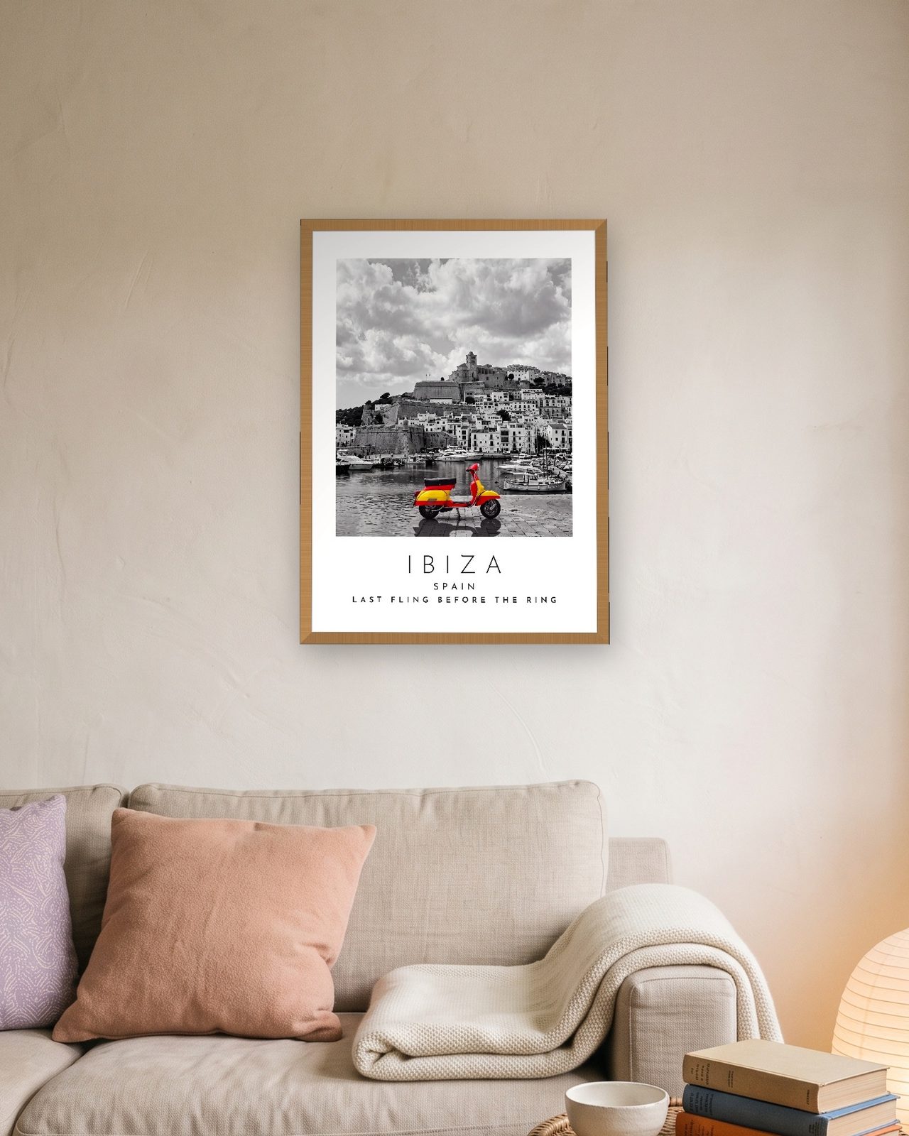 Our Trip Ibiza print: natural oak frame A3 above a linen sofa, personalised LAST FLING BEFORE THE RING