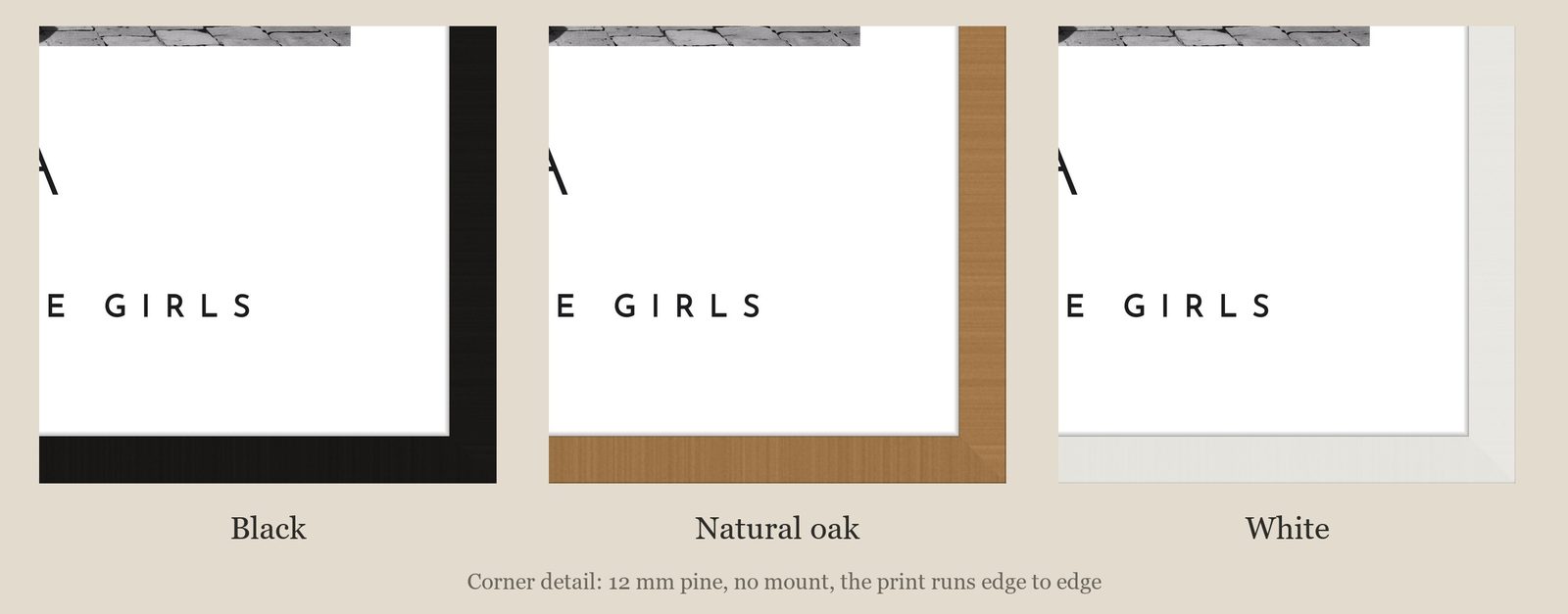 Our Trip Ibiza print: corner detail of each finish