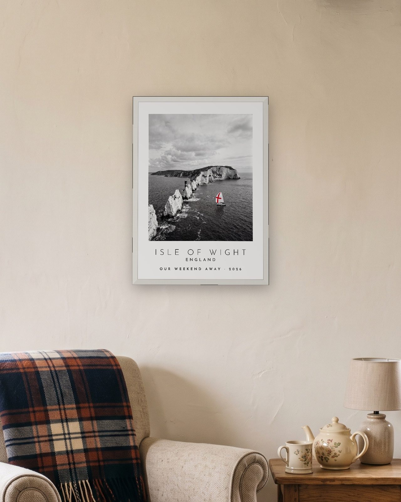 Our Trip Isle of Wight print: white frame A3 in a cottage snug, personalised OUR WEEKEND AWAY · 2026