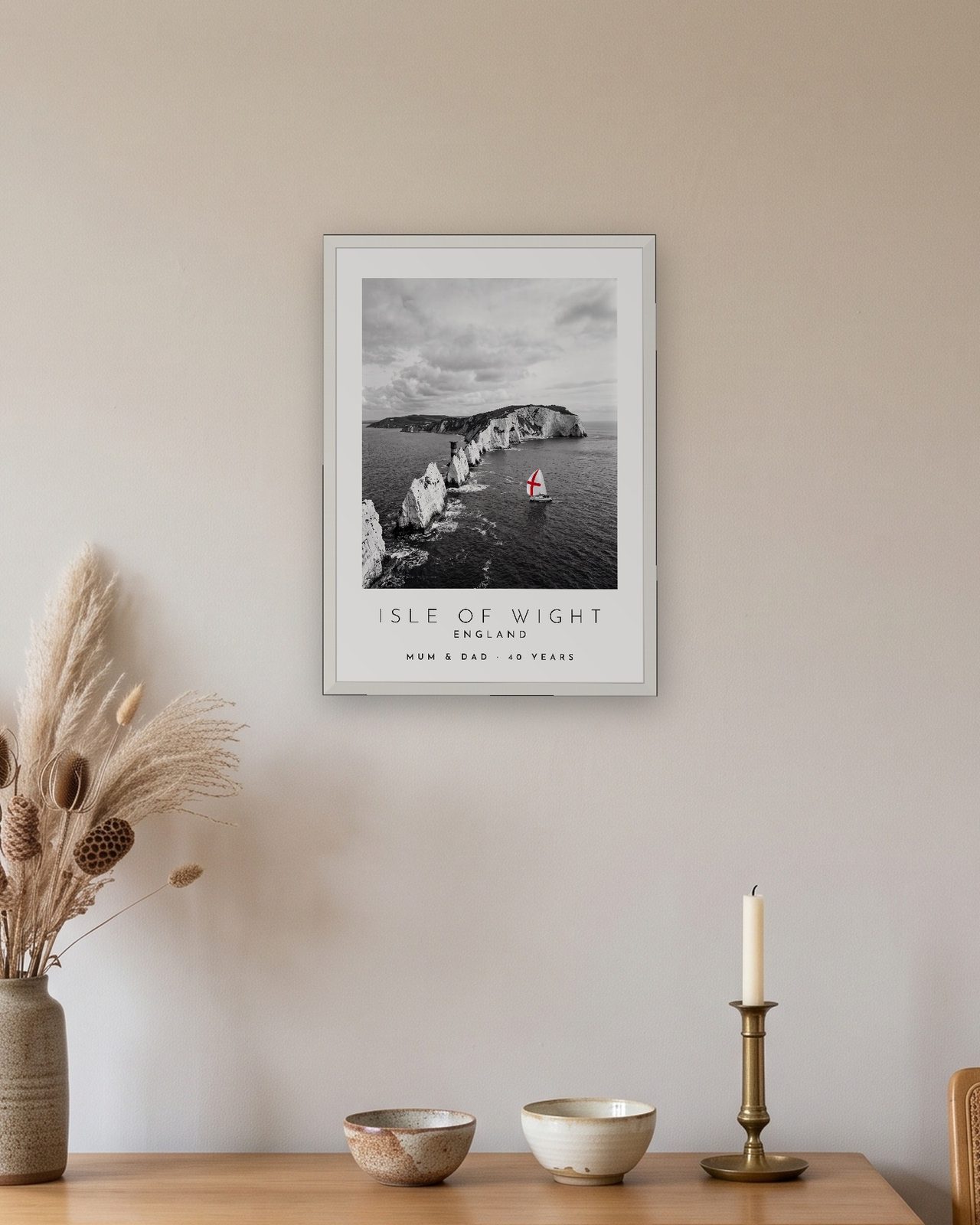 Our Trip Isle of Wight print: white frame A3 above an oak sideboard, personalised MUM & DAD · 40 YEARS