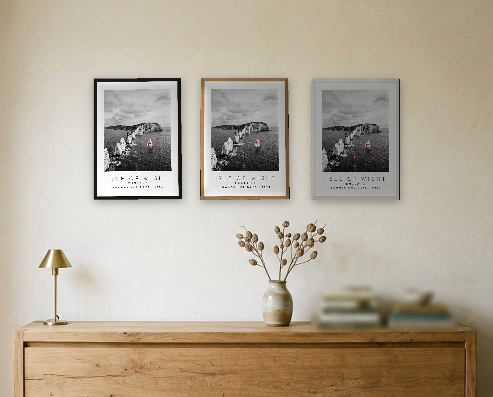 Our Trip Isle of Wight print: the three frame finishes side by side black natural oak white