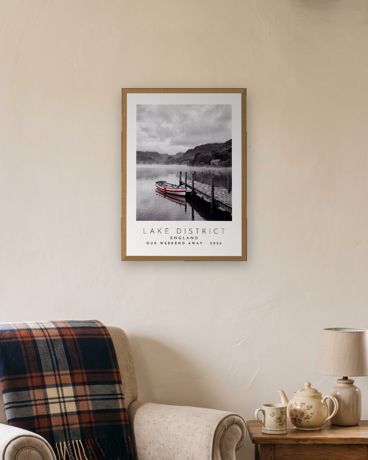 Our Trip Lake District print: natural oak frame A3 in a cottage snug, personalised OUR WEEKEND AWAY · 2026