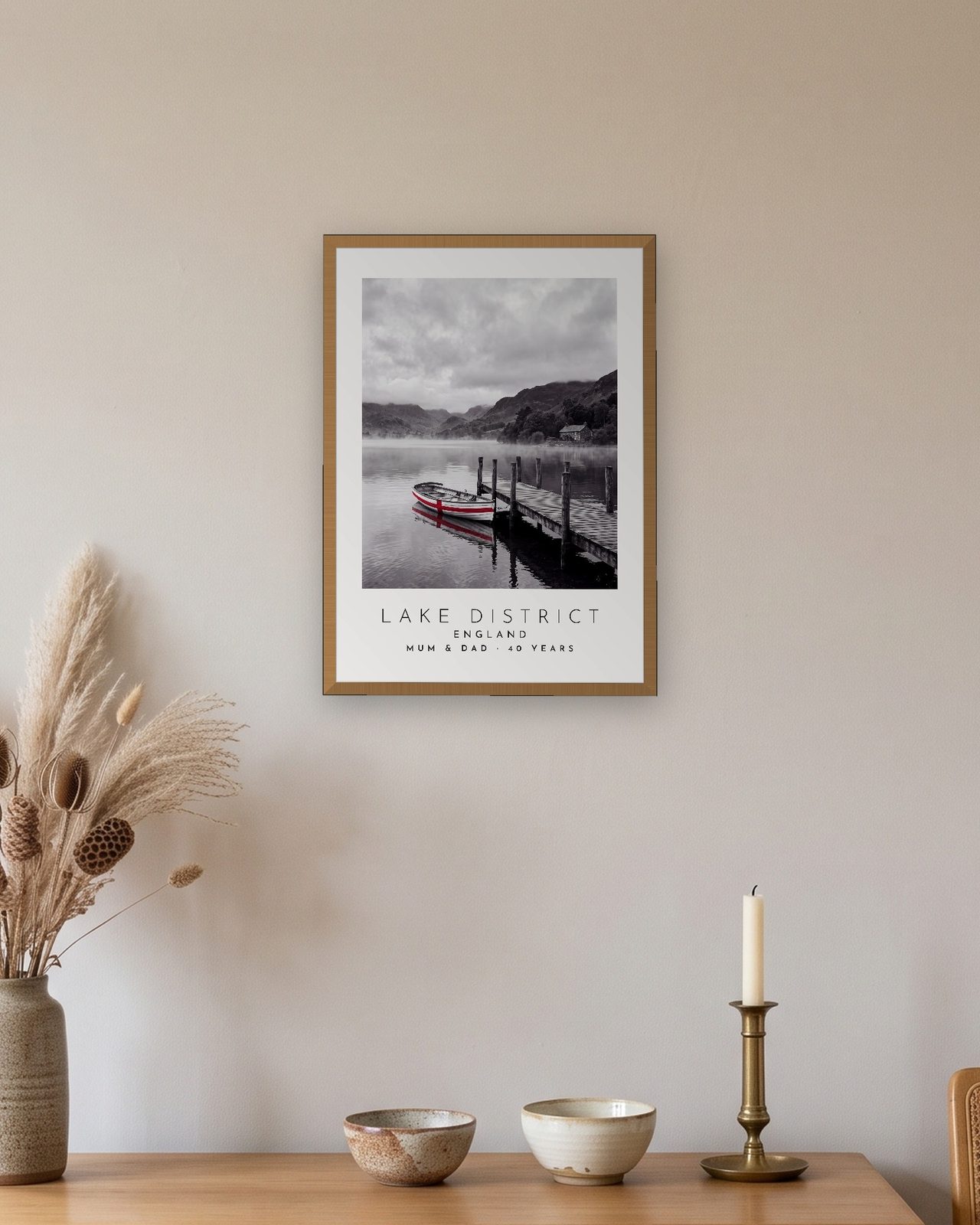 Our Trip Lake District print: natural oak frame A3 above an oak sideboard, personalised MUM & DAD · 40 YEARS