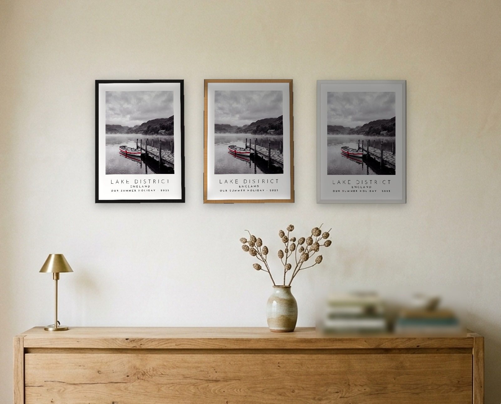 Our Trip Lake District print: the three frame finishes side by side black natural oak white