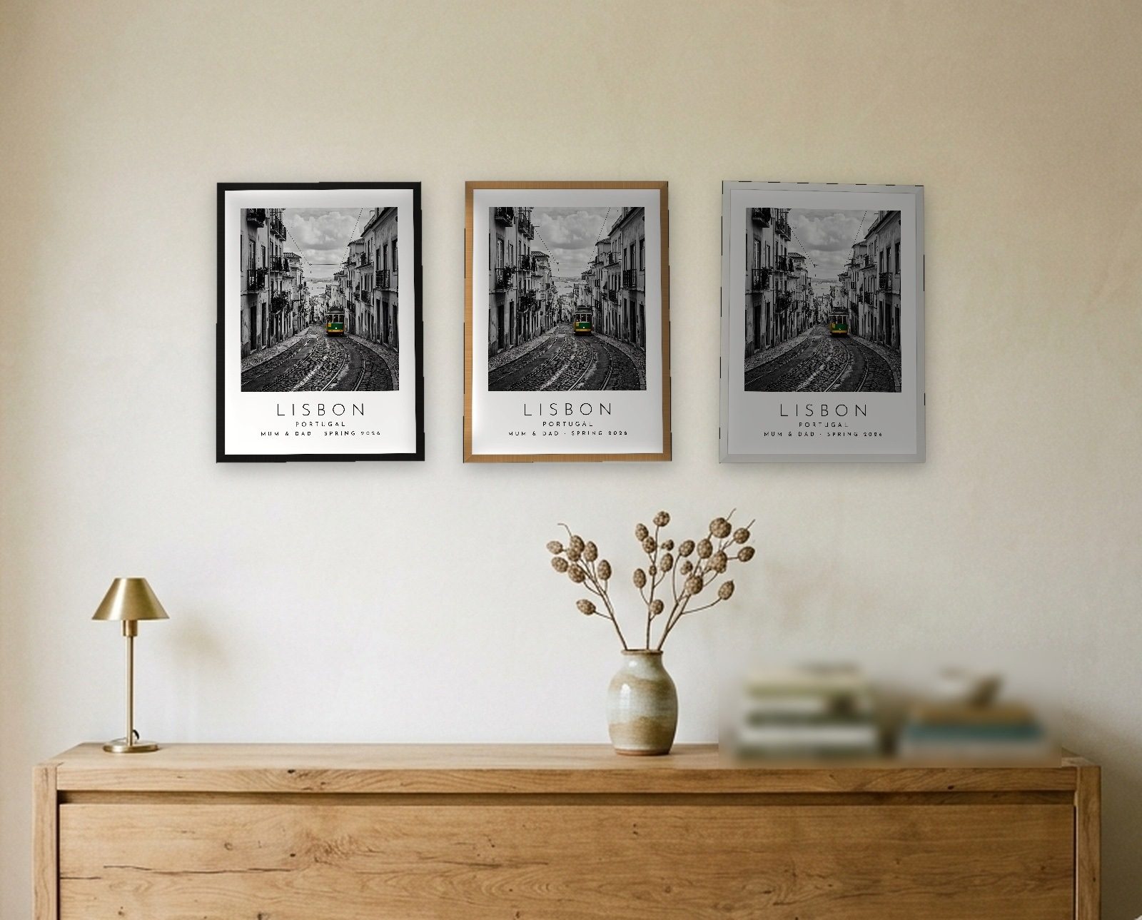 Our Trip Lisbon print: the three frame finishes side by side black natural oak white