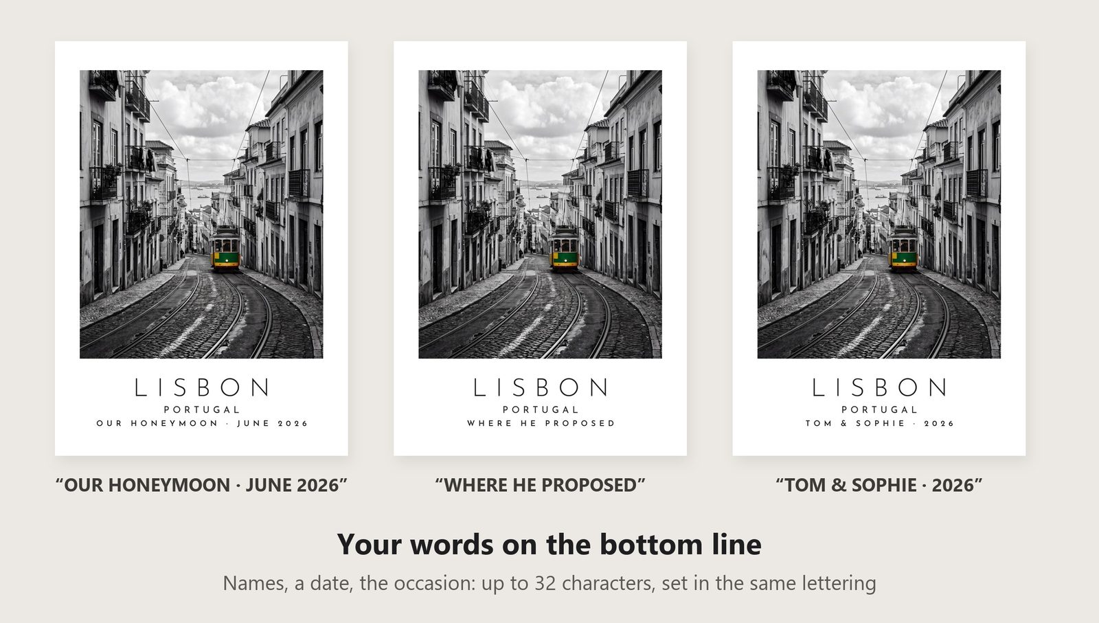 Our Trip Lisbon print: three example lines to personalise it