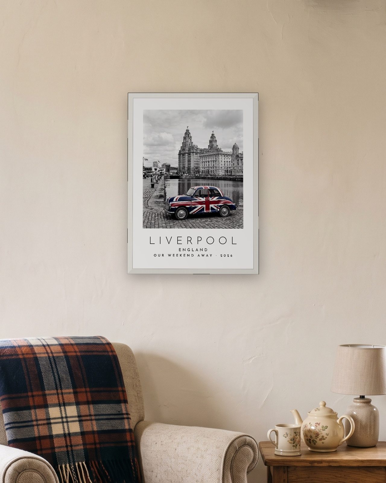 Our Trip Liverpool print: white frame A3 in a cottage snug, personalised OUR WEEKEND AWAY · 2026