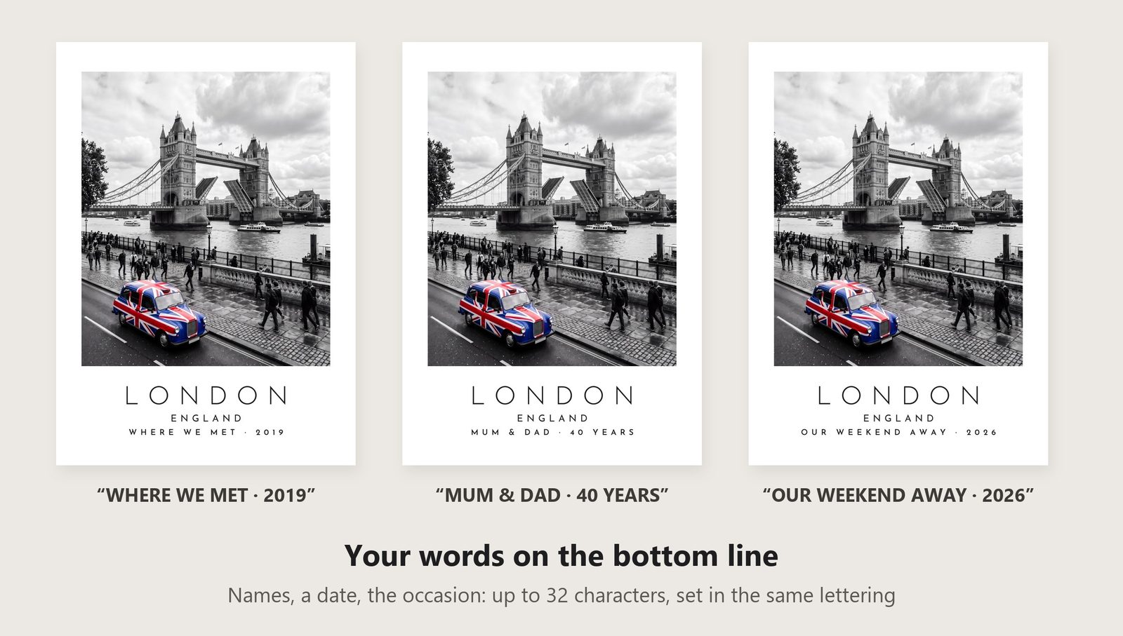 Our Trip London print: three example lines to personalise it