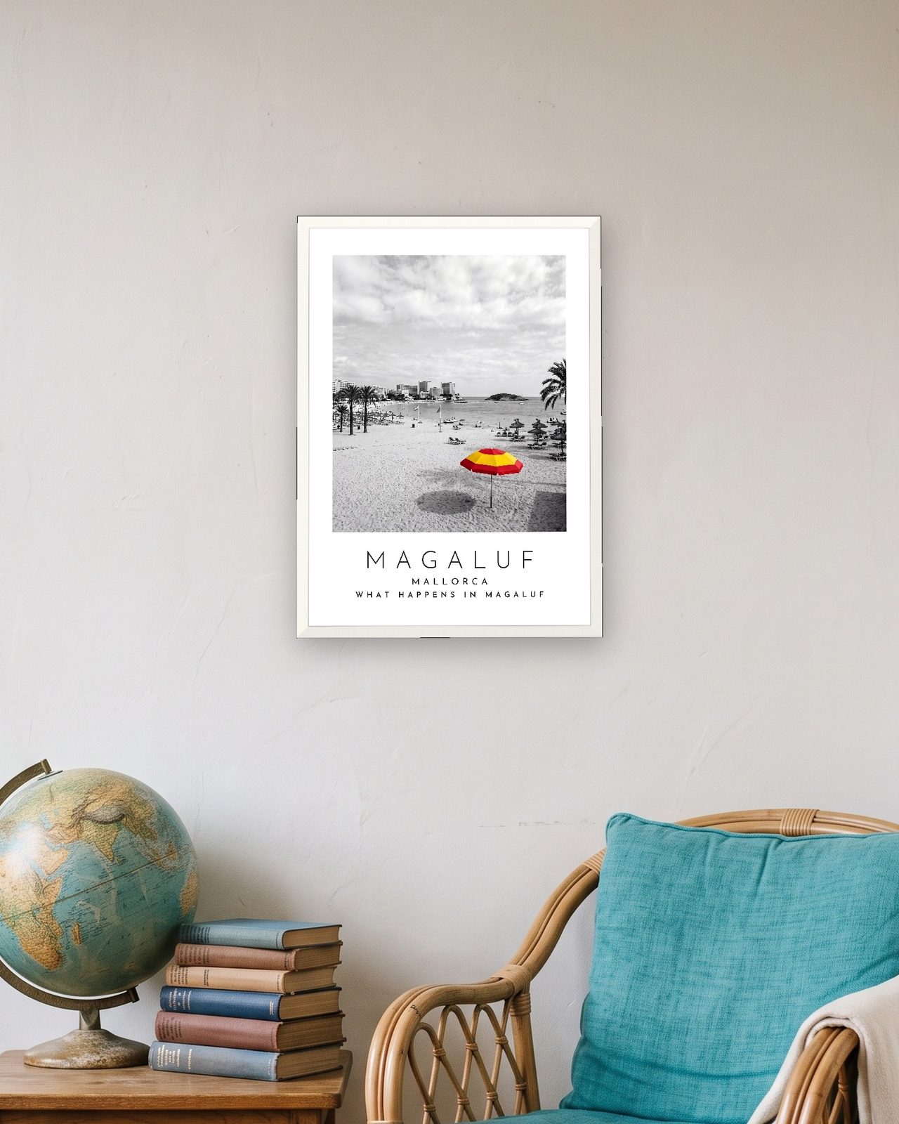 Our Trip Magaluf, Mallorca print: white frame A3 in a travel lover's flat, personalised WHAT HAPPENS IN MAGALUF