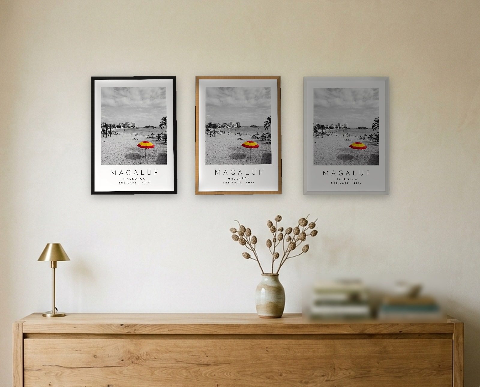 Our Trip Magaluf, Mallorca print: the three frame finishes side by side black natural oak white