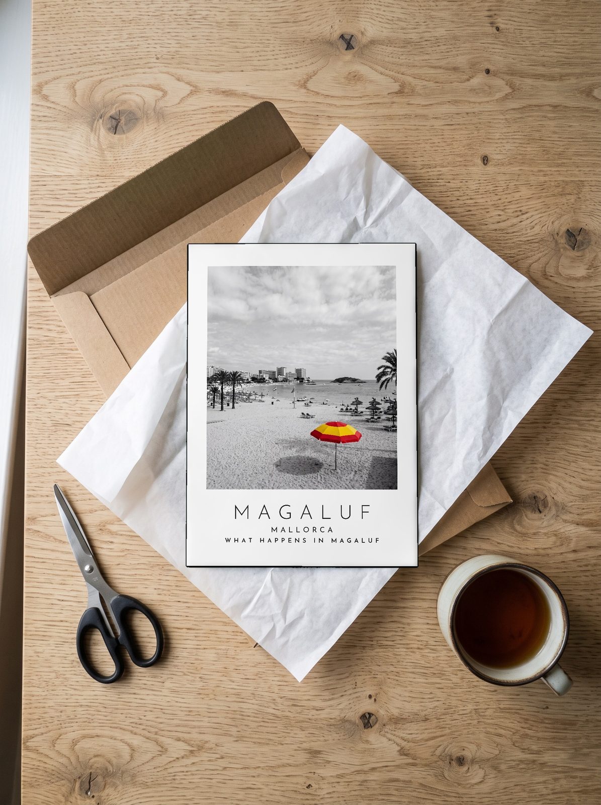 Our Trip Magaluf, Mallorca print: unboxing the unframed A4 print in its mailer