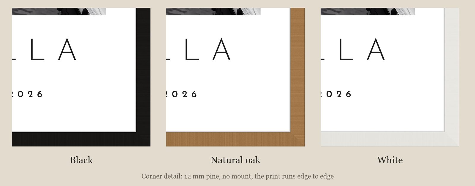Our Trip Marbella print: corner detail of each finish
