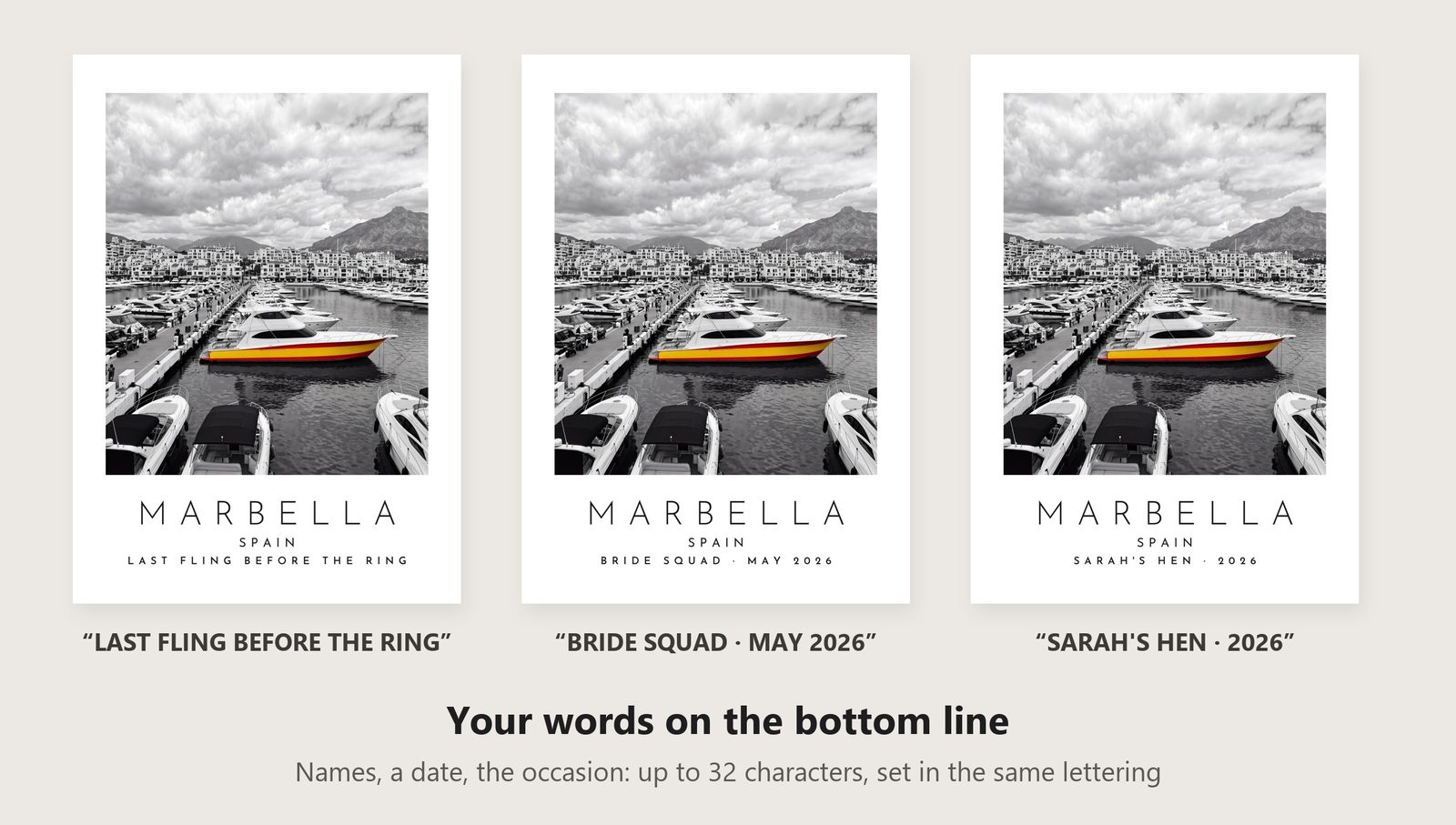 Our Trip Marbella print: three example lines to personalise it