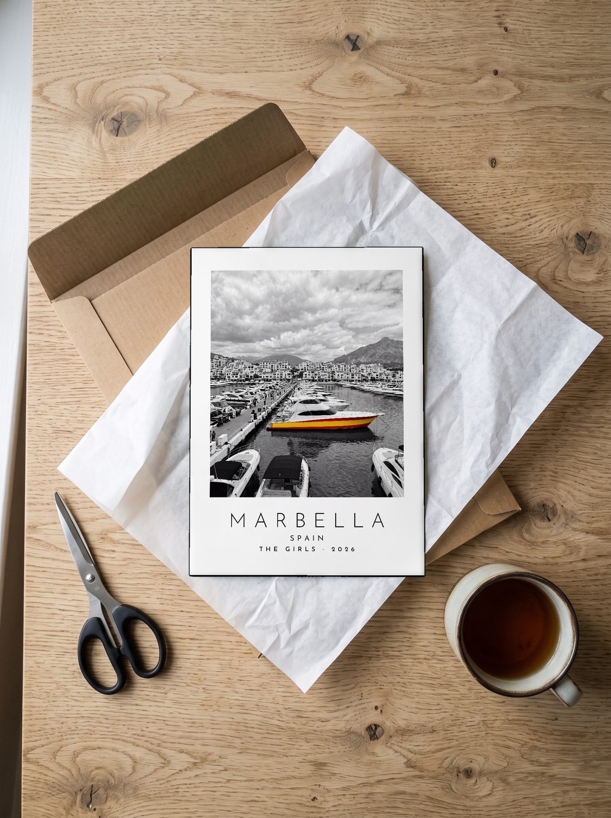 Our Trip Marbella print: unboxing the unframed A4 print in its mailer