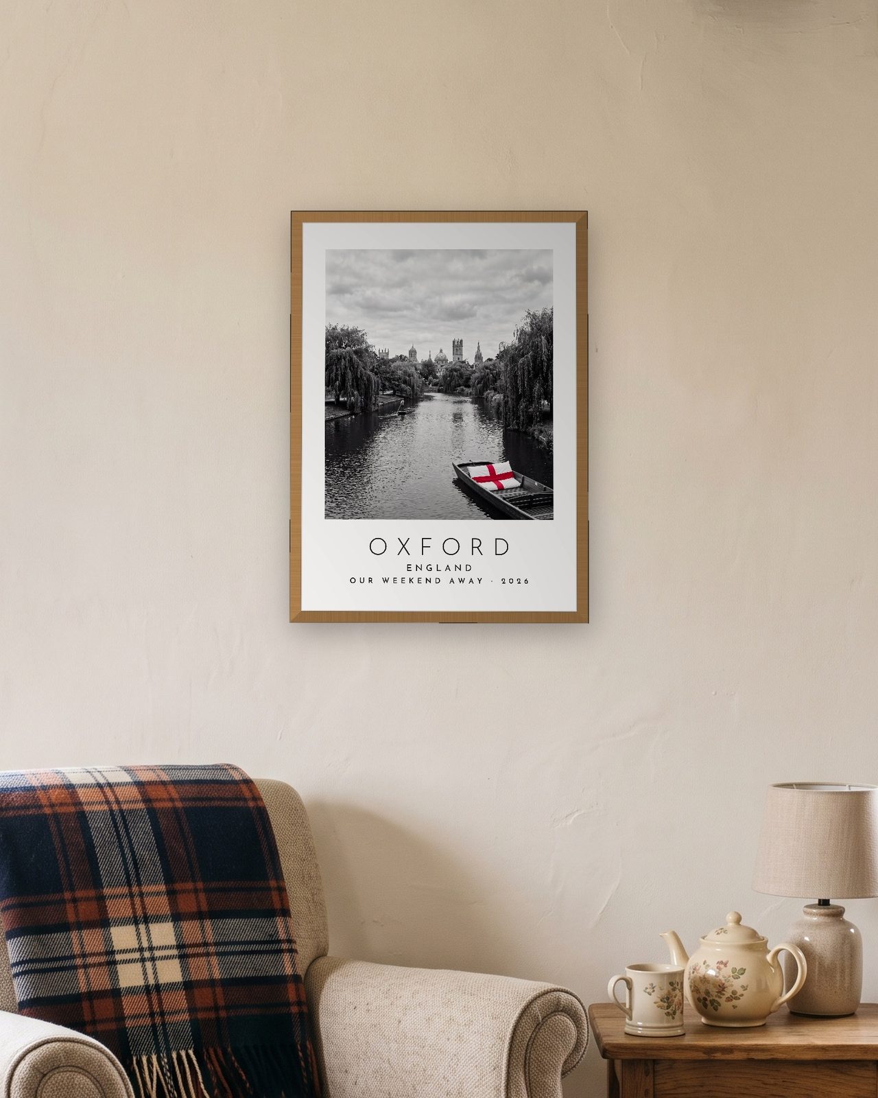 Our Trip Oxford print: natural oak frame A3 in a cottage snug, personalised OUR WEEKEND AWAY · 2026