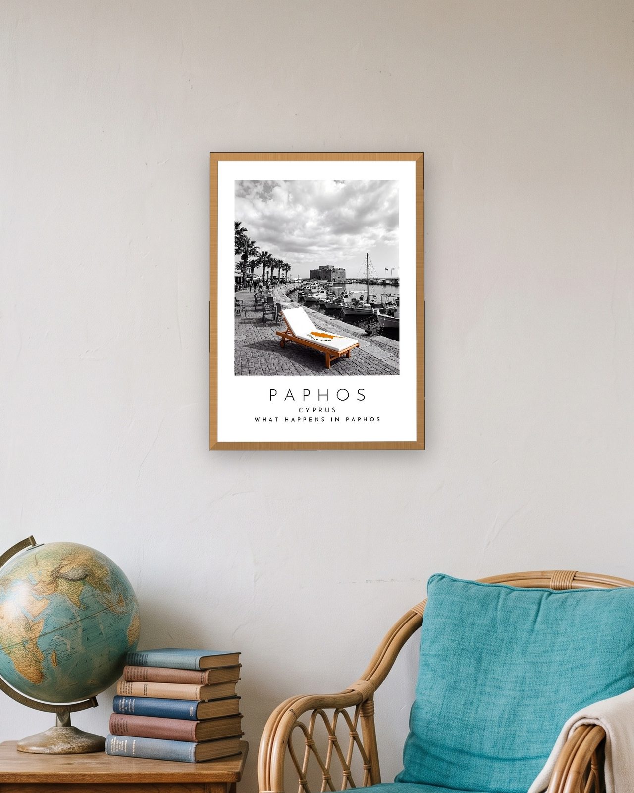 Our Trip Paphos print: natural oak frame A3 in a travel lover's flat, personalised WHAT HAPPENS IN PAPHOS