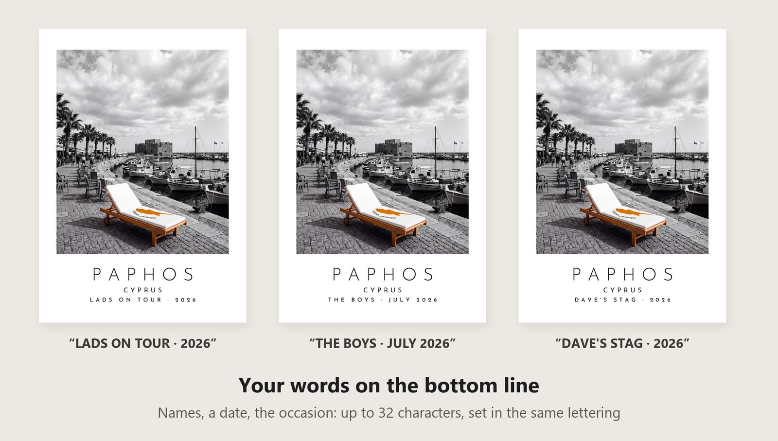 Our Trip Paphos print: three example lines to personalise it