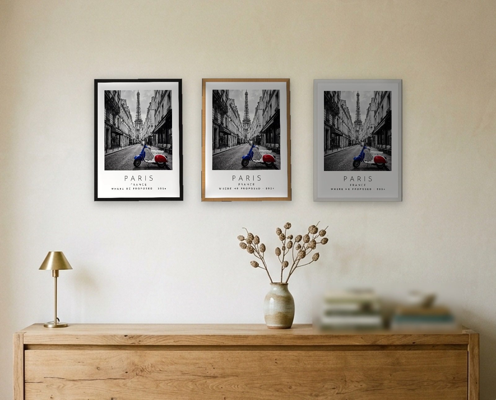 Our Trip Paris print: the three frame finishes side by side black natural oak white