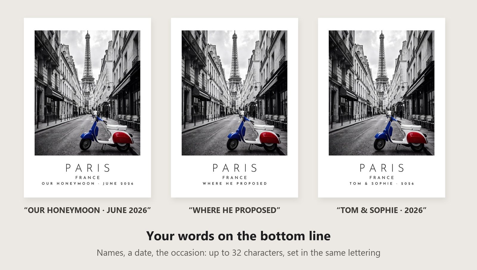 Our Trip Paris print: three example lines to personalise it