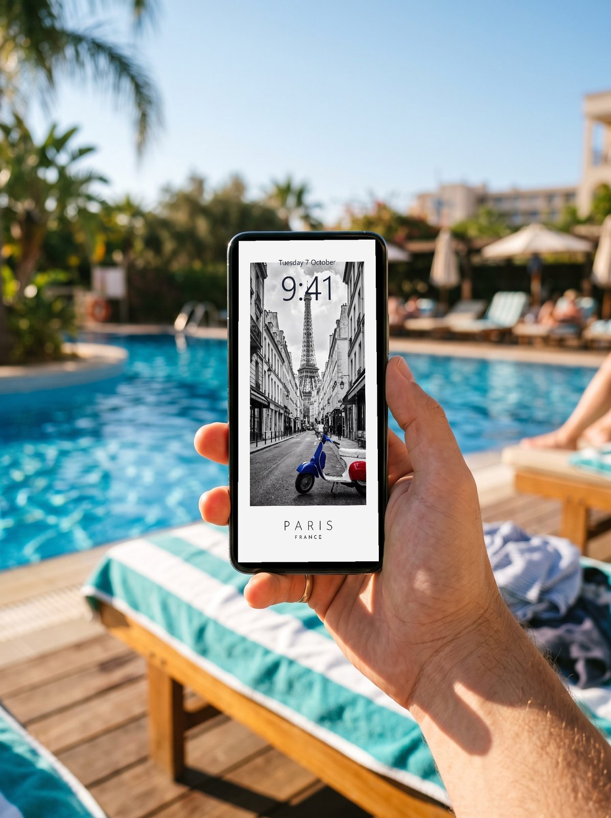 Phone held up by a hotel pool showing the Our Trip Paris print as a lock screen wallpaper