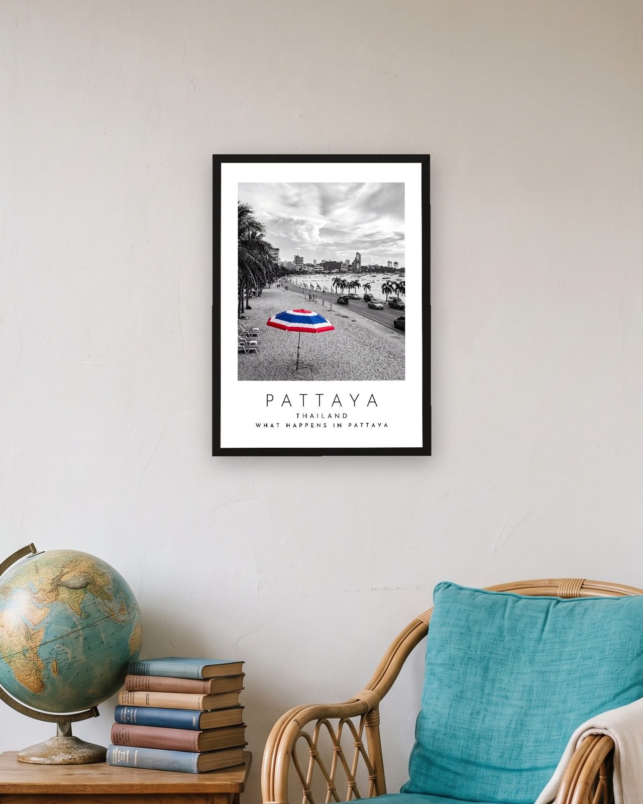 Our Trip Pattaya print: black frame A3 in a travel lover's flat, personalised WHAT HAPPENS IN PATTAYA