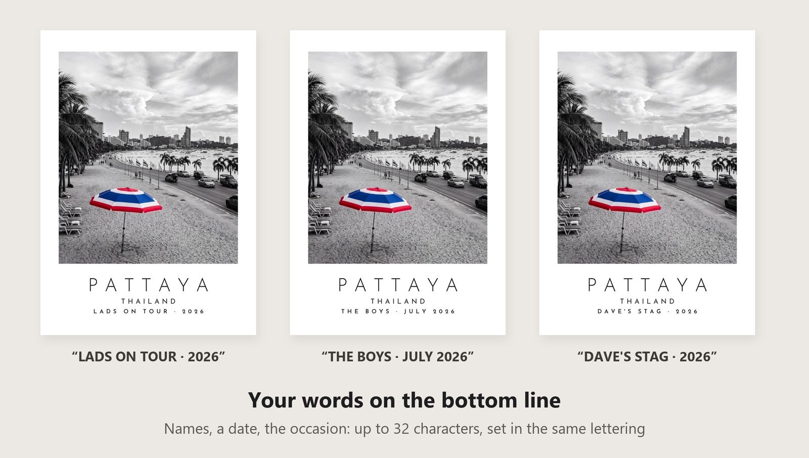 Our Trip Pattaya print: three example lines to personalise it