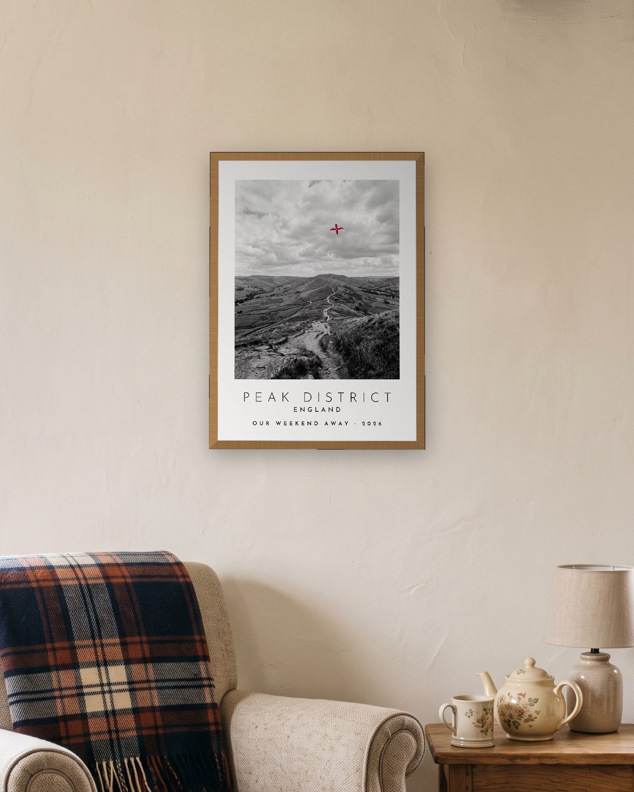 Our Trip Peak District print: natural oak frame A3 in a cottage snug, personalised OUR WEEKEND AWAY · 2026