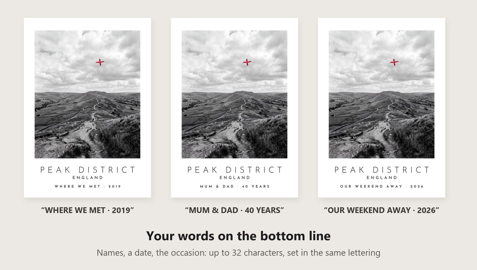 Our Trip Peak District print: three example lines to personalise it