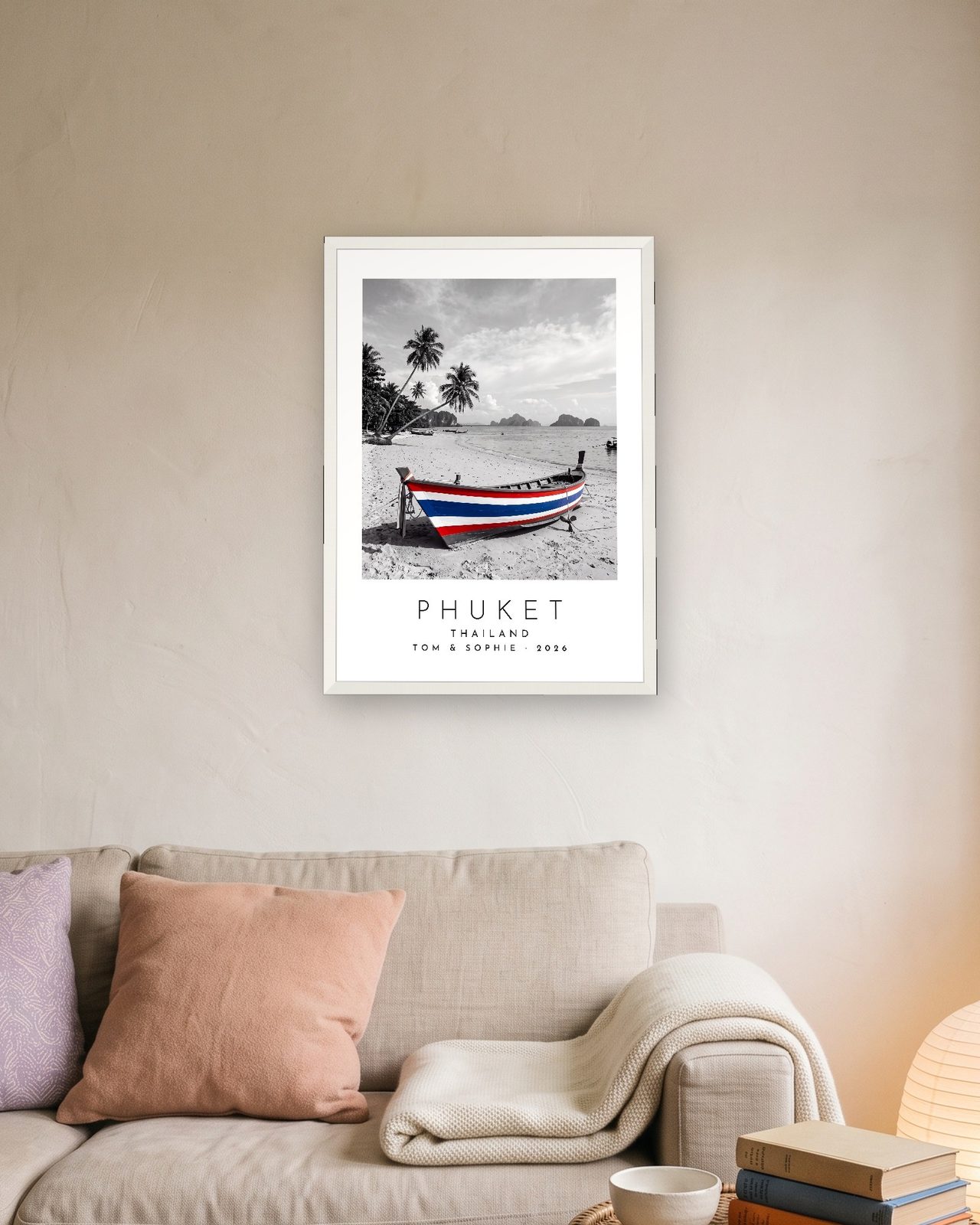 Our Trip Phuket print: white frame A3 above a linen sofa, personalised TOM & SOPHIE · 2026