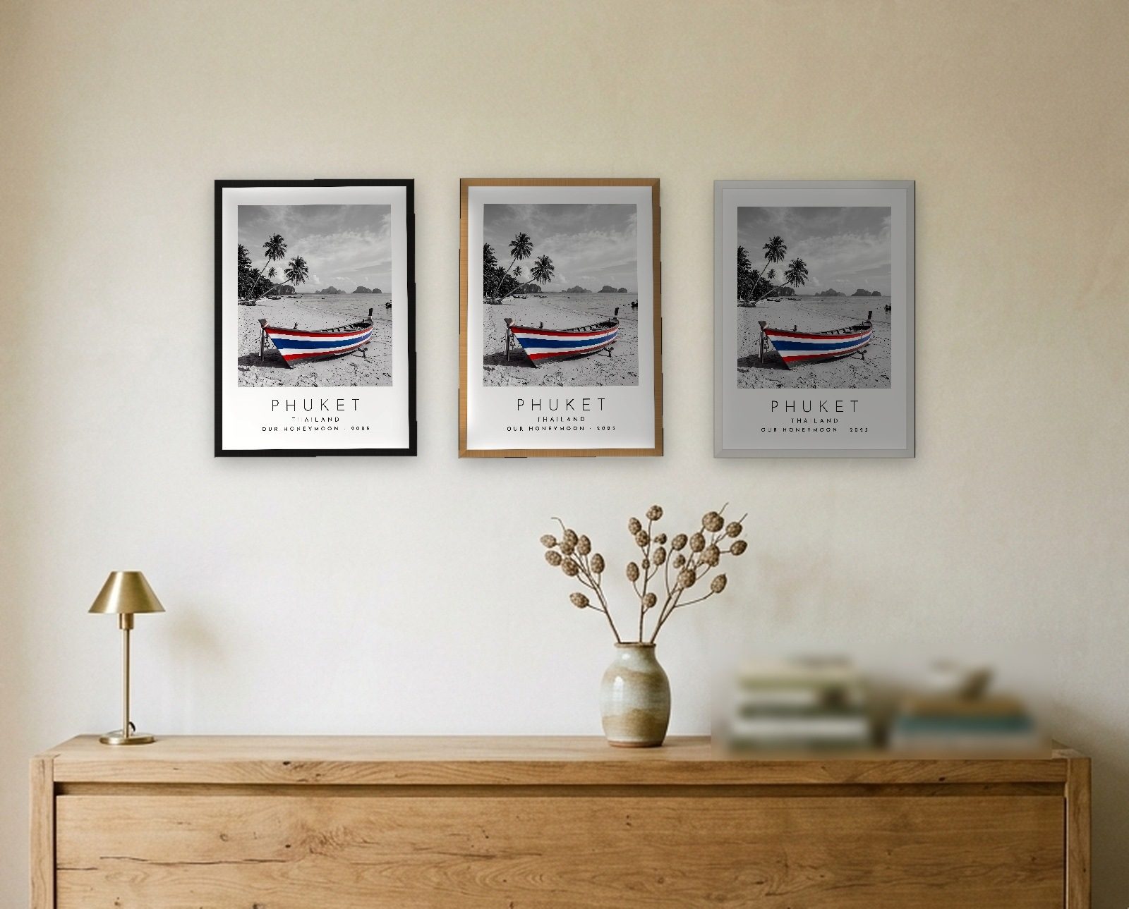 Our Trip Phuket print: the three frame finishes side by side black natural oak white